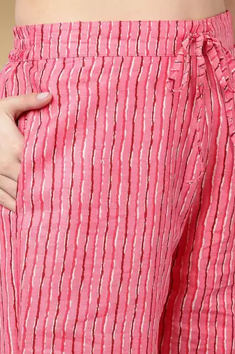 pink color printed pure cotton styles kurta trouser with dupatta