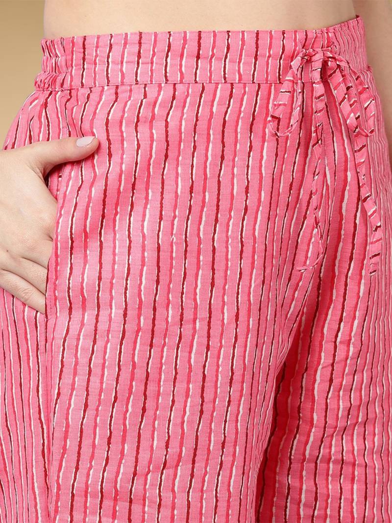 pink color printed pure cotton styles kurta trouser with dupatta