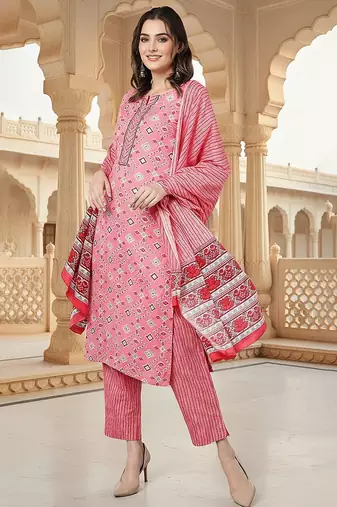 pink color printed pure cotton styles kurta trouser with dupatta