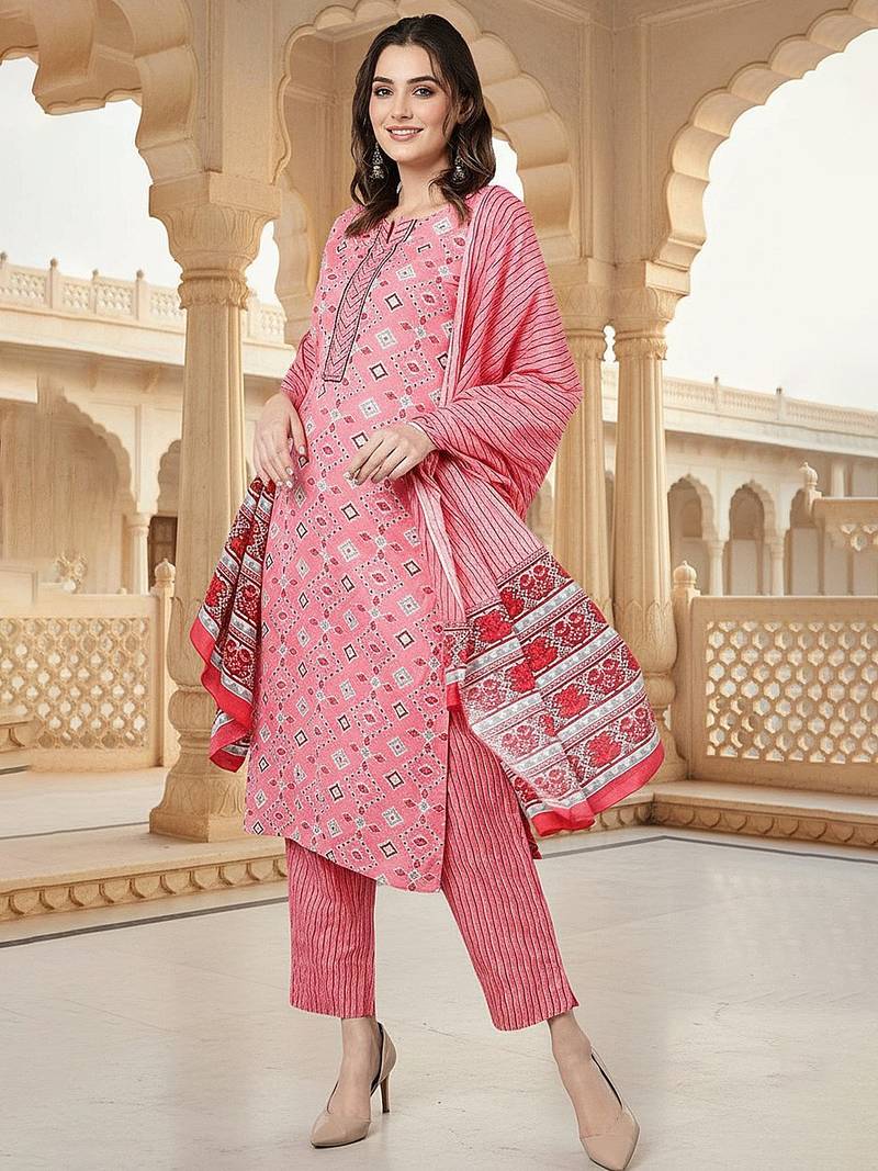 pink color printed pure cotton styles kurta trouser with dupatta