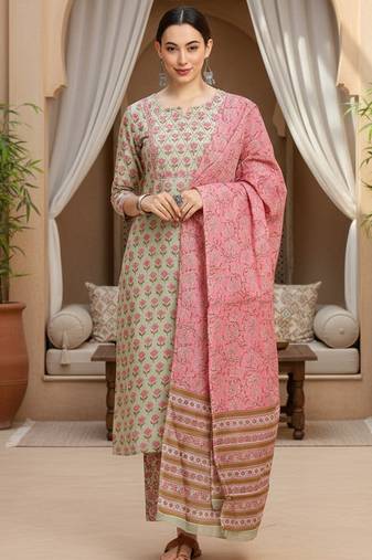 green color printed pure cotton styles kurta trouser with dupatta