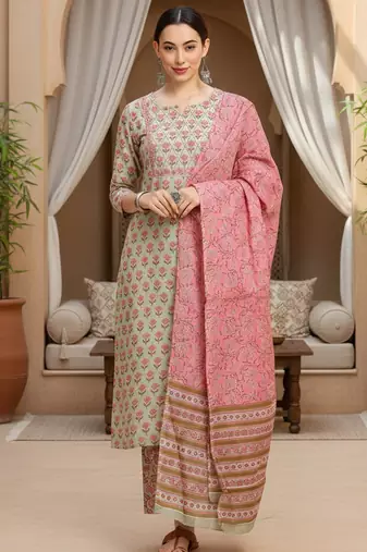 green color printed pure cotton styles kurta trouser with dupatta