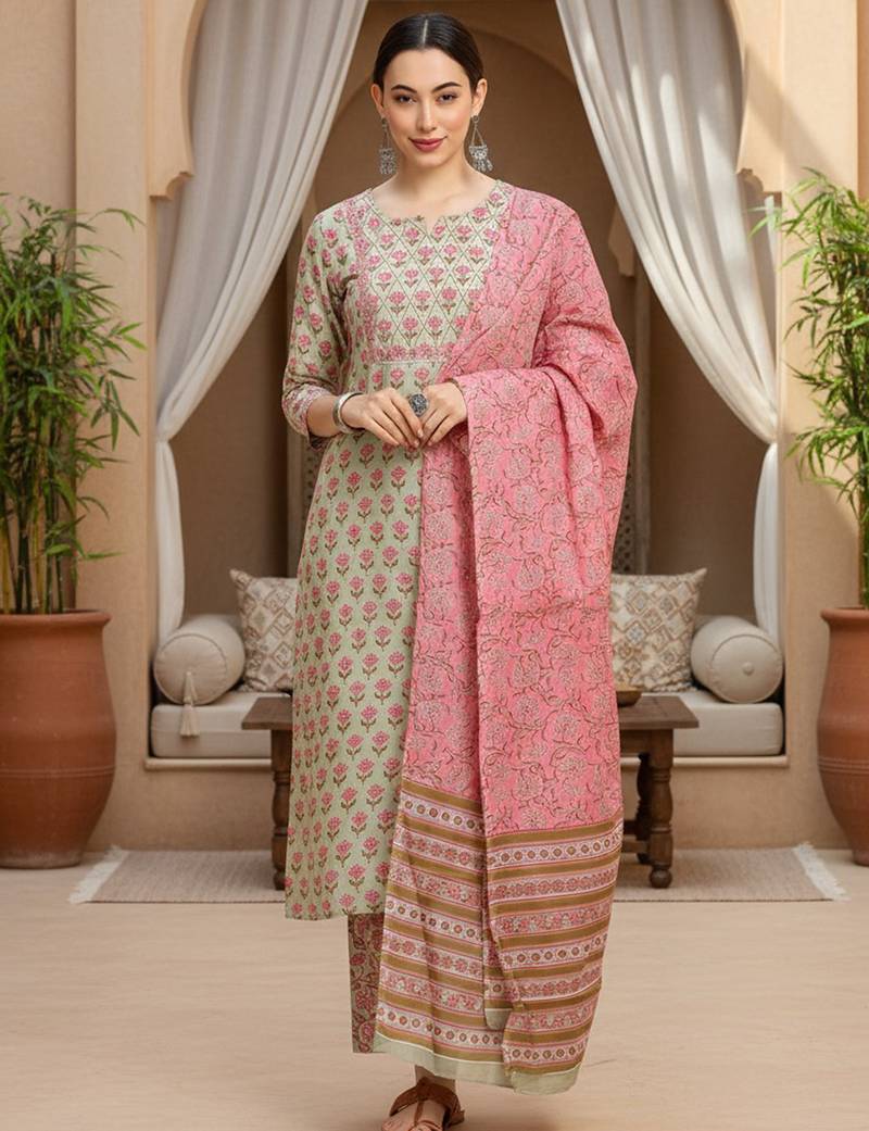green color printed pure cotton styles kurta trouser with dupatta