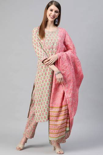 green color printed pure cotton styles kurta trouser with dupatta