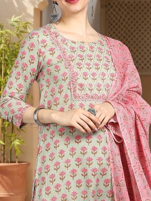 green color printed pure cotton styles kurta trouser with dupatta 2
