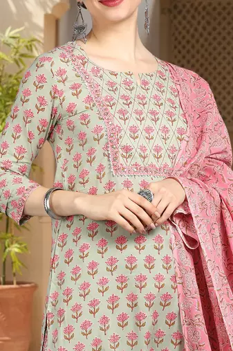 green color printed pure cotton styles kurta trouser with dupatta
