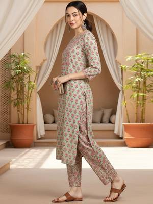 green color printed pure cotton styles kurta trouser with dupatta 3