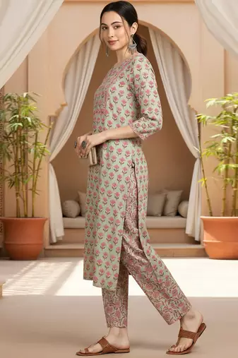 green color printed pure cotton styles kurta trouser with dupatta