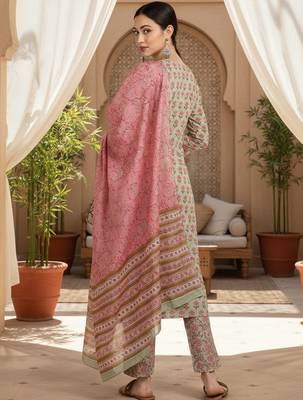 green color printed pure cotton styles kurta trouser with dupatta 4