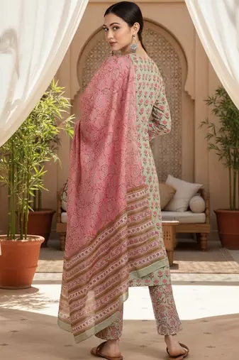 green color printed pure cotton styles kurta trouser with dupatta