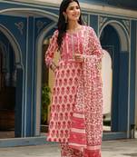 pink color printed rayon blend styles kurta trouser with dupatta