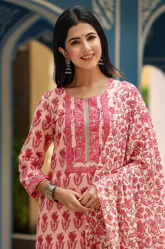 pink color printed rayon blend styles kurta trouser with dupatta