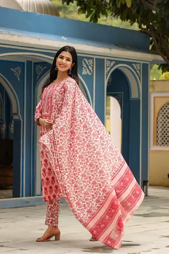 pink color printed rayon blend styles kurta trouser with dupatta