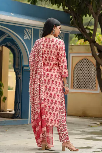 pink color printed rayon blend styles kurta trouser with dupatta