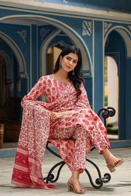 pink color printed rayon blend styles kurta trouser with dupatta 5