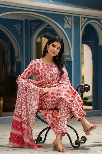 pink color printed rayon blend styles kurta trouser with dupatta