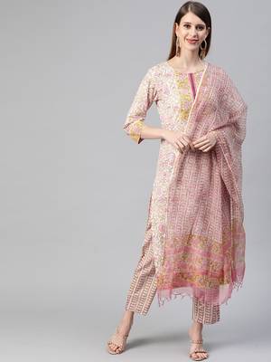 off white color printed pure cotton styles kurta trouser with dupatta 1