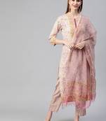 off white color printed pure cotton styles kurta trouser with dupatta