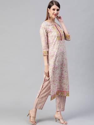 off white color printed pure cotton styles kurta trouser with dupatta 3