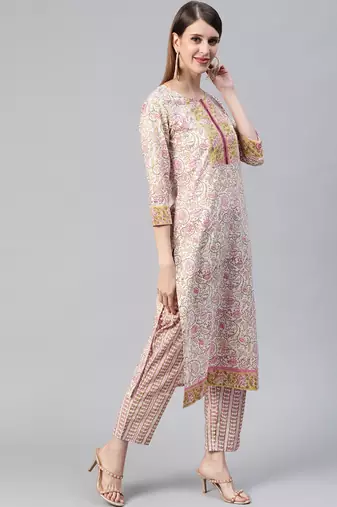 off white color printed pure cotton styles kurta trouser with dupatta