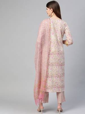 off white color printed pure cotton styles kurta trouser with dupatta 4
