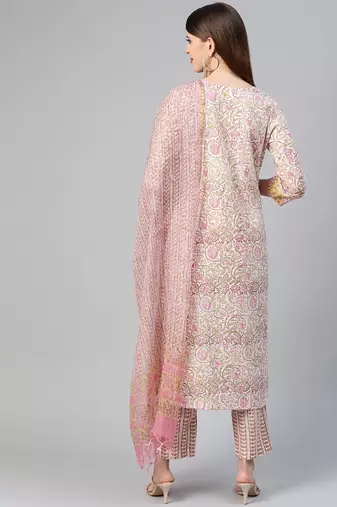 off white color printed pure cotton styles kurta trouser with dupatta