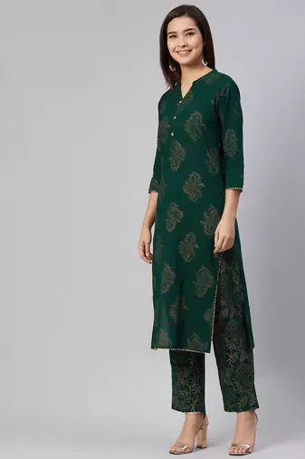 green color printed pure cotton styles kurta trouser with dupatta