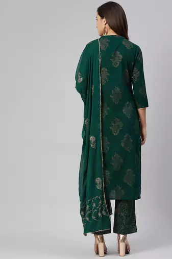 green color printed pure cotton styles kurta trouser with dupatta