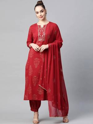 red color printed pure cotton styles kurta salwar with dupatta 1