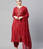 red color printed pure cotton styles kurta salwar with dupatta
