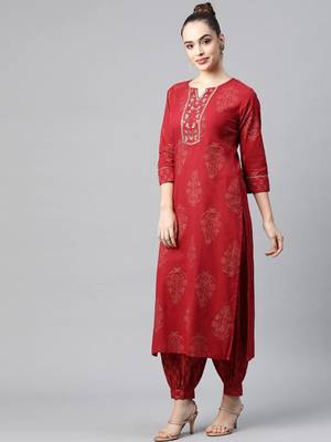 red color printed pure cotton styles kurta salwar with dupatta 3