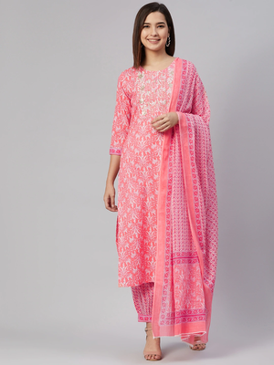 pink color embroidered pure cotton styles kurta salwar with dupatta 1