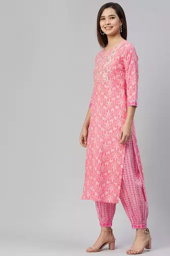 pink color embroidered pure cotton styles kurta salwar with dupatta