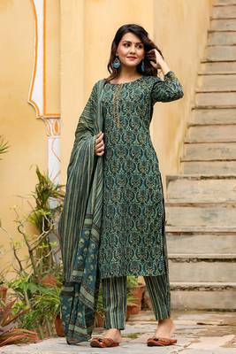 green color printed rayon blend styles kurta trouser with dupatta 1