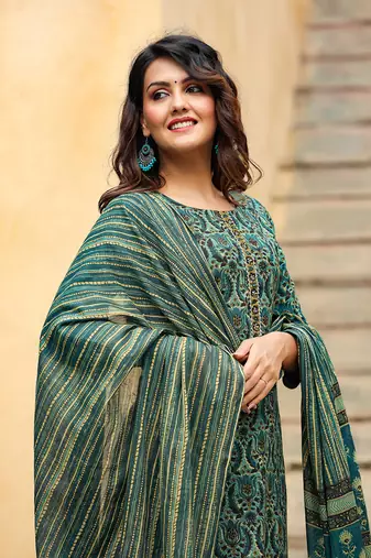 green color printed rayon blend styles kurta trouser with dupatta