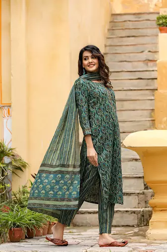green color printed rayon blend styles kurta trouser with dupatta