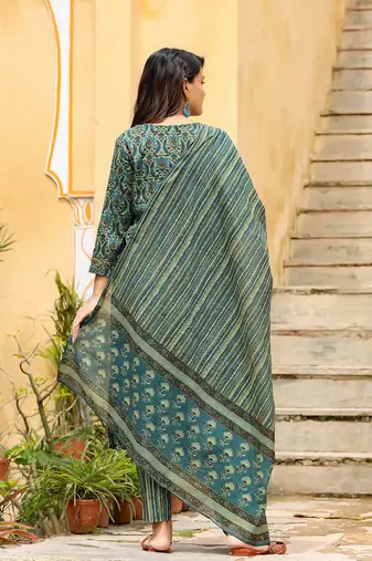 green color printed rayon blend styles kurta trouser with dupatta