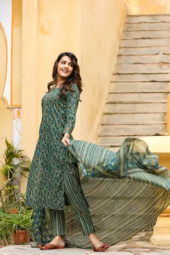 green color printed rayon blend styles kurta trouser with dupatta
