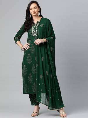 green color printed pure cotton styles kurta salwar with dupatta 1