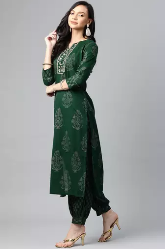 green color printed pure cotton styles kurta salwar with dupatta