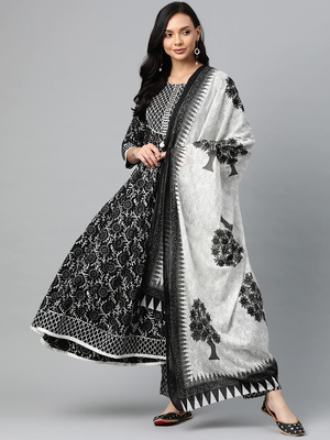black color printed rayon styles kurta trouser with dupatta 1