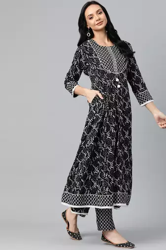 black color printed rayon styles kurta trouser with dupatta