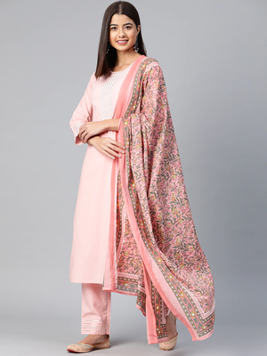 pink color solid pure cotton styles kurta trouser with dupatta 1