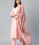 pink color solid pure cotton styles kurta trouser with dupatta