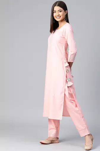 pink color solid pure cotton styles kurta trouser with dupatta