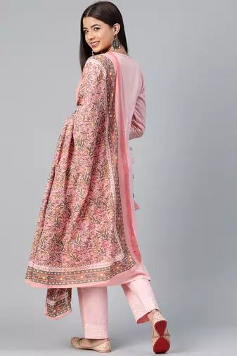pink color solid pure cotton styles kurta trouser with dupatta