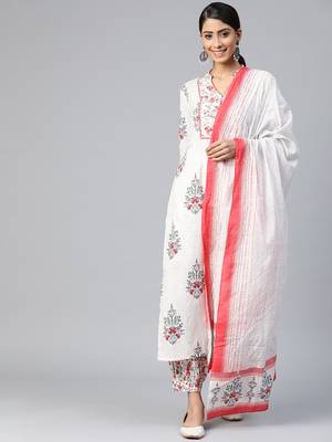 off white color printed pure cotton styles kurta salwar with dupatta 1