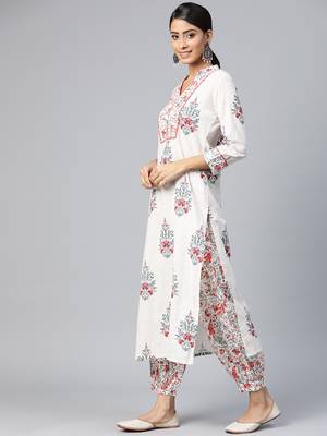 off white color printed pure cotton styles kurta salwar with dupatta 3