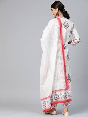 off white color printed pure cotton styles kurta salwar with dupatta 4