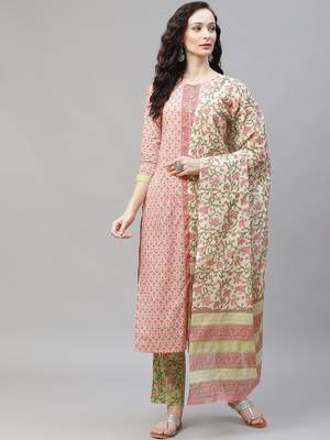 pink color printed pure cotton styles kurta trouser with dupatta 1